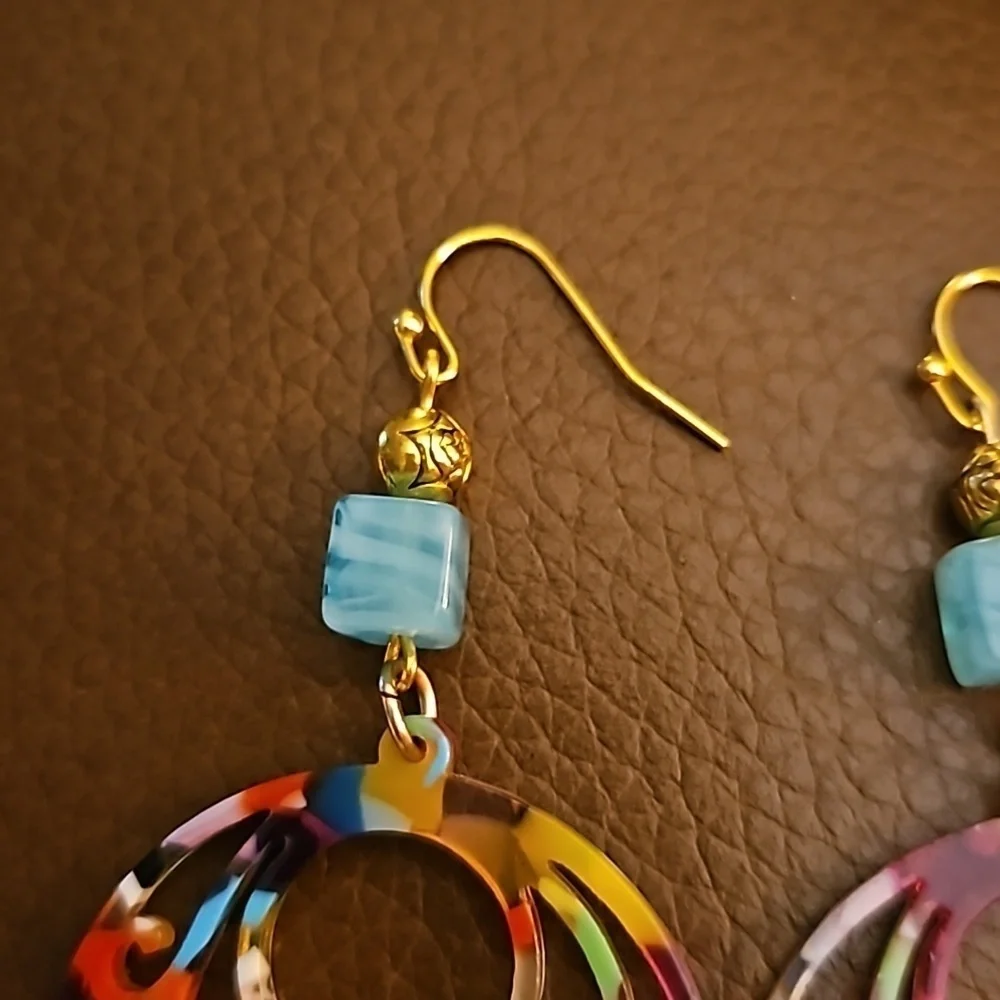 Handmade Colorful Rainbow Mod Swirl Glass Beaded Earrings